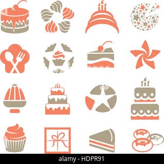 Cakes logo set in vintage style. Pink and grey color desserts logotypes. Piece of pie icon on white background. Tasty pastry signs collection. Donuts contour vector illustration. Stock Vector