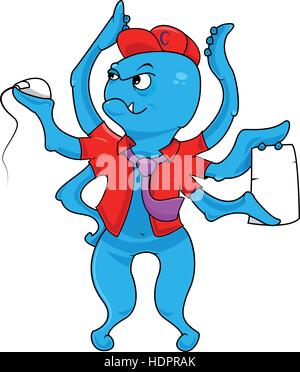 Isolated blue color octopus in red formal clothes logo. Marine creature with computer mouse.Cartoon character holding paper logotype. Kids toy icon. Multifunctional office manager.Vector illustration. Stock Vector