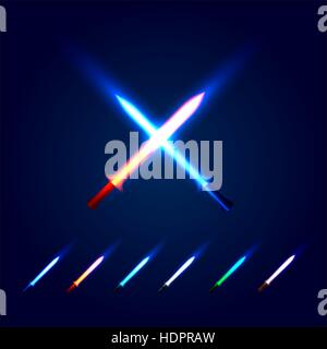 Isolated blue and red color crossed light swords logo. Futuristic movie weapon logotype set. Sabre with fire force icon. Lightsaber signs collection. Scifi shiny neon longsword vector illustration. Stock Vector