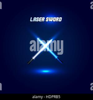 Isolated crossed light swords logo. Futuristic movie weapon logotype. Sabre with fire force icon. Lightsaber signs. Scifi shiny neon longsword vector illustration. Stock Vector