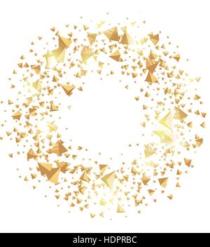 Isolated abstract golden circle logo. Round shiny luxurious brilliant triangles logotype. Glittering star dust icon. Festive glossy christmas wreath. Vector confetti illustration on white background. Stock Vector