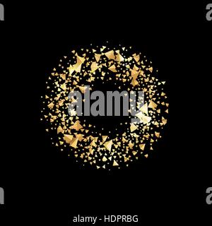 Isolated abstract golden circle logo. Round shiny luxurious brilliant triangles logotype. Glittering star dust icon. Festive glossy christmas wreath. Vector confetti illustration on black background. Stock Vector