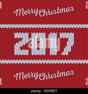 Isolated abstract red and white color knitted merry christmas greeting card. New year 2017 background. Xmas knitwear backdrop. Seamless texture. Vector sweater illustration. Stock Vector