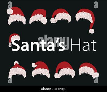 Collection of red santa hats. Vector illustration. New year accessory on black background. Isolated winter holiday costume element. Merry christmas masquerade clothing. Stock Vector