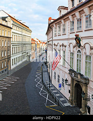 Prague Street with American Embassy and Flag. Stock Photo