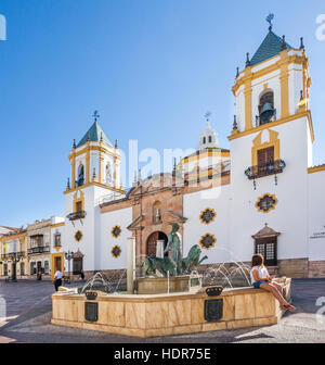Spain, Andalusia, Province of Malaga, Ronda, view of the church of Socorro at the Plaza del Socorro and Hercules fountain Stock Photo