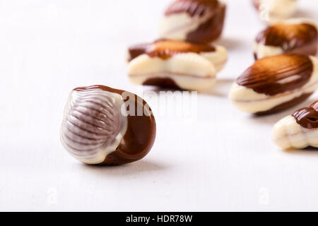 sweet delicious gourmet chocolate seashell on white table Stock Photo