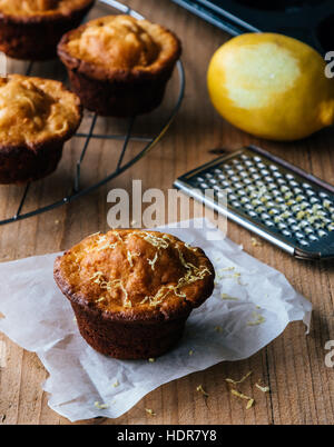 homemade fresh lemon muffin on wooden table Stock Photo