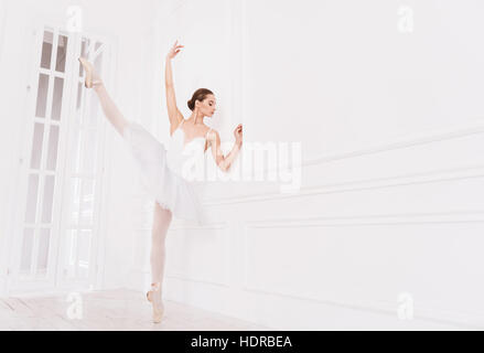 Elegant ballet dancer doing extension exercises Stock Photo