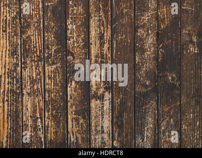 Old vintage aged grunge brown and gray wooden floor planks texture background with dark black stains and light scratches Stock Photo