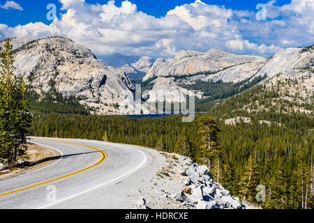 Tioga Pass is a mountain pass in the Sierra Nevada mountains. State Route 120 runs through it, and serves as the eastern entry point for Yosemite Nati Stock Photo