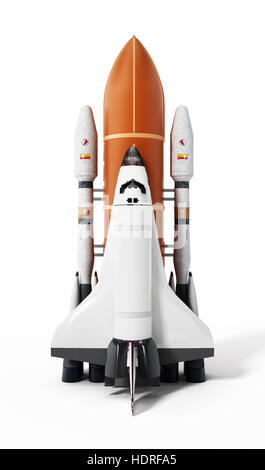 Rocket carrying space shuttle launches off. 3D illustration. Stock Photo