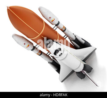 Rocket carrying space shuttle launches off. 3D illustration. Stock Photo