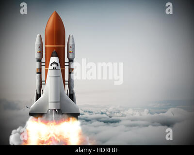 Rocket carrying space shuttle launches off. 3D illustration. Stock Photo