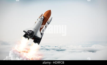 Rocket carrying space shuttle launches off. 3D illustration. Stock Photo