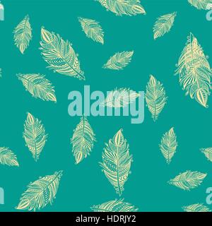 Seamless pattern with Rustic Ethnic decorative feathers, endless turquoise color background. Hand drawn vintage vector design. Vector Sketch illustrat Stock Vector