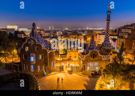 Night view of Park Guell with city skyline behind, Barcelona, Catalonia, Spain Stock Photo