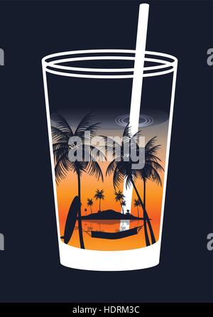 Cocktail with Tropical Scene in the Glass with Palm Trees , Hammock and Surfboard - Vector Illustration Stock Vector