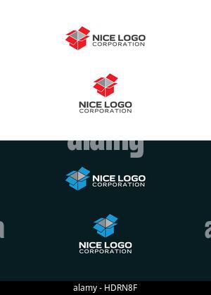 isometric opened box logo, 3d logotype on packaging and delivery theme Stock Vector