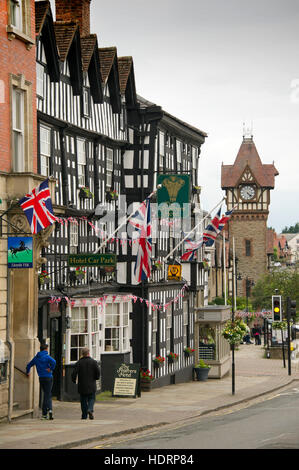 Ledbury a town in Herefordshire,UK, showing half-timbered building including the Feathers Hotel and the Market House (on pillars)