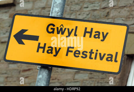 Hay Festival signpost, Hay-on-Wye,Herefordshire, UK Stock Photo