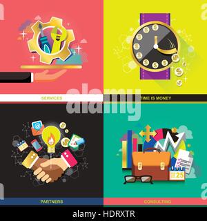set of flat design concept icons for business. icons for time is money, partners, consulting and services Stock Vector
