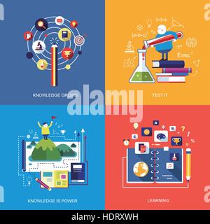set of flat design concept icons for web and mobile phone services and apps. icons for learning, knowledge grows, test it, knowledge is power. Stock Vector