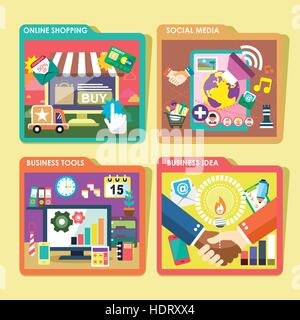 flat design of online shopping, social media, business tools and business idea icons set Stock Vector