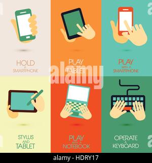 flat design for hand holding various hi-tech devices concepts graphic Stock Vector