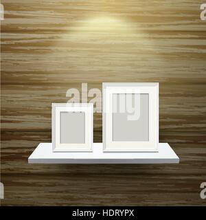 picture frames on shelf with illumination over wooden wall Stock Vector