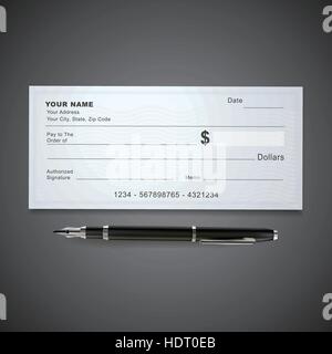 blank bank check template and pen isolated on black Stock Vector