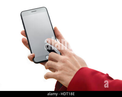 Woman hand holding Apple iPhone 7 Plus and touching blank screen with a finger isolated on white background Stock Photo