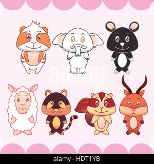 seven lovely animals set on pink background Stock Vector