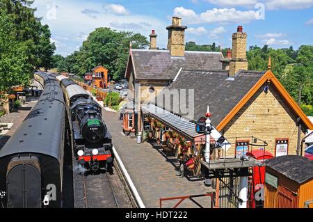 Steam Locomotive Ivatt Class 4 2-6-0 number 43106 in British Rail Black at the railway station, Severn Valley Railway, Arley, Worcestershire, England, Stock Photo