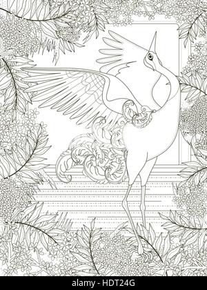 graceful dancing crane coloring page design in exquisite style Stock Vector
