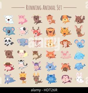 adorable running animals collection set in cartoon style Stock Vector