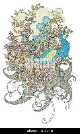 beautiful peacock coloring page with floral elements in exquisite line Stock Vector