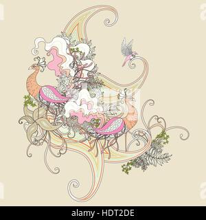attractive peacock coloring page with floral elements in exquisite line Stock Vector