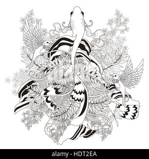 elegant fish coloring page with floral elements in exquisite line Stock Vector