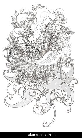 attractive peacock coloring page with floral elements in exquisite line Stock Vector