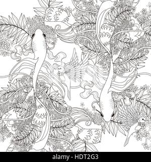 elegant fish coloring page with floral elements in exquisite line Stock Vector