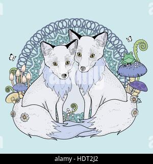 adorable fox coloring page with floral elements in exquisite line Stock