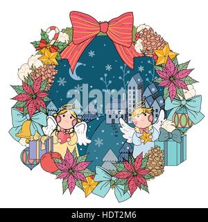 Christmas wreath coloring page with decorations in exquisite line Stock Vector