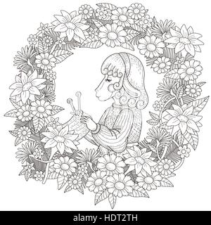 adorable sheep coloring page with floral elements in exquisite line Stock Vector