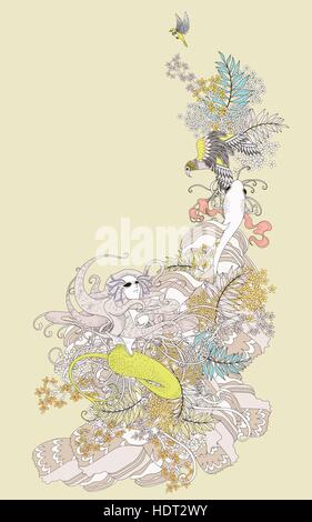 attractive mermaid coloring page with floral elements in exquisite line Stock Vector