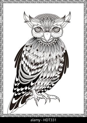 elegant owl coloring page in exquisite line Stock Vector