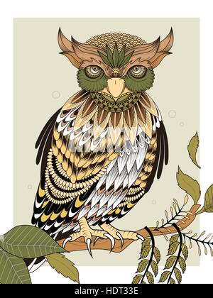 elegant owl coloring page in exquisite line Stock Vector