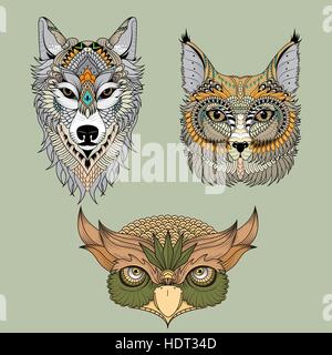 attractive animal head collection coloring page in exquisite line Stock Vector