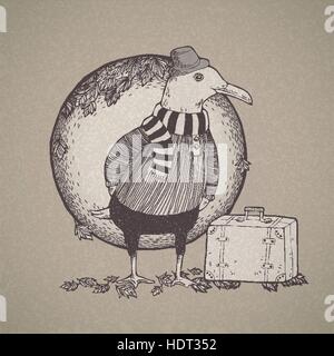 vector illustration of hand drawn retro style traveled seagull Stock Vector