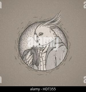 vector illustration of hand drawn retro style gentleman parrot Stock Vector